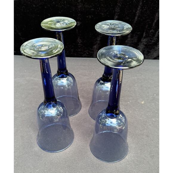 4 Beautiful Handblown Long Stem Wine Goblets Blue Dark Blue Stems 9" Tall - Picture 9 of 10